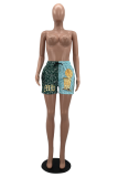 Blue Casual Print Patchwork Straight Mid Waist Straight Full Print Bottoms