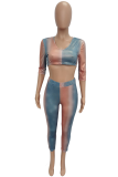 Blue Sexy Print Patchwork V Neck Half Sleeve Two Pieces