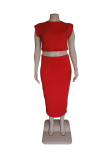 Red Sweet Solid Patchwork O Neck Sleeveless Plus Size Two Pieces