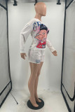 White Fashion Casual Print Basic Oblique Collar Long Sleeve Two Pieces