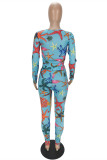Light Blue Fashion Print Basic O Neck Long Sleeve Two Pieces