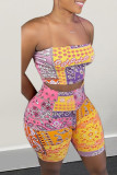 Rose Red Fashion Sexy Print Backless Strapless Sleeveless Two Pieces