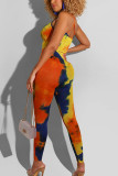 Blue Casual Print Patchwork Spaghetti Strap Skinny Jumpsuits
