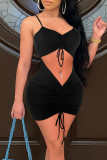 Black Sexy Solid Split Joint Draw String Fold Spaghetti Strap Pencil Skirt Dresses