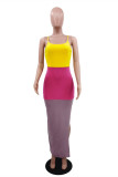 Multicolor Sexy Casual Patchwork Backless Slit Spaghetti Strap Long Dress