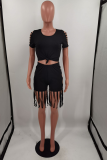 Purple Casual Solid Hollowed Out O Neck Short Sleeve Two Pieces