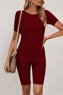 Burgundy Casual Solid O Neck Short Sleeve Two Pieces
