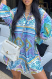 Blue Fashion Casual Print Basic Turndown Collar Shirt Dress