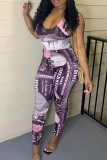 Pink Sexy Print Split Joint U Neck Skinny Jumpsuits