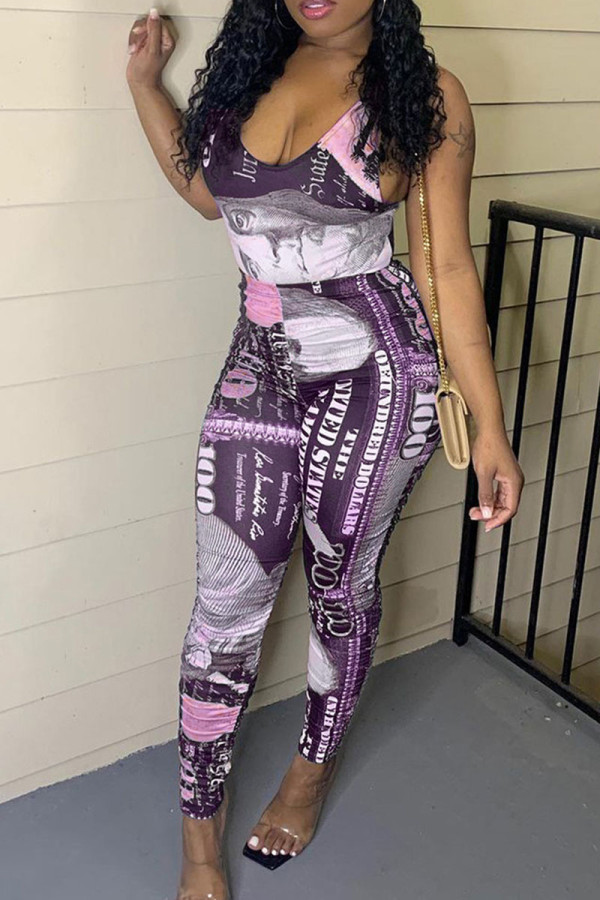 Purple Sexy Print Split Joint U Neck Skinny Jumpsuits