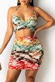 Tangerine Red Sexy Print Patchwork Halter Sleeveless Two Pieces