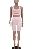 Pink Sportswear Solid Hollowed Out Patchwork U Neck Sleeveless Two Pieces