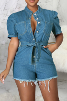 Blue Casual Solid Bandage Turndown Collar Straight Jumpsuits
