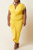 Yellow Sexy Solid Patchwork V Neck Pleated Plus Size Dresses