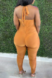 Orange Fashion Sexy Solid Backless Fold Halter Skinny Jumpsuits