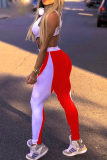 Red Casual Solid Patchwork O Neck Skinny Jumpsuits
