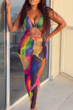 Light Blue Sexy Print Hollowed Out Patchwork Frenulum V Neck Skinny Jumpsuits