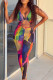 Multi-color Sexy Print Hollowed Out Patchwork Frenulum V Neck Skinny Jumpsuits