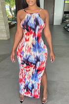 Multi-color Sexy Print Split Joint High Opening Spaghetti Strap Pencil Skirt Dresses