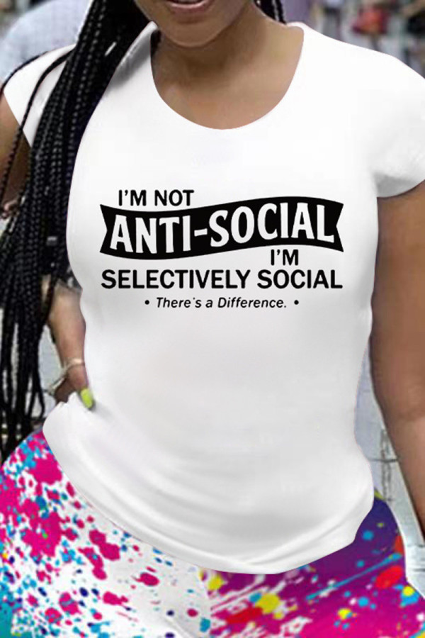 White Fashion Casual Letter Print Basic O Neck T-Shirts