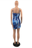 Blue Sexy Print Hollowed Out Backless Slit Spaghetti Strap Sleeveless Dress