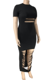 Black Sexy Solid Hollowed Out O Neck Straight Plus Size Dresses