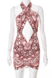 Red Sexy Print Bandage Hollowed Out Patchwork Draw String Fold Halter Pencil Skirt Dresses