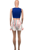 Blue Casual Sportswear Print Vests U Neck Sleeveless Two Pieces