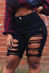 Black Sexy Solid Ripped High Waist Skinny Denim Shorts