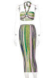 Green Sexy Striped Print Bandage Patchwork Strapless Sleeveless Two Pieces