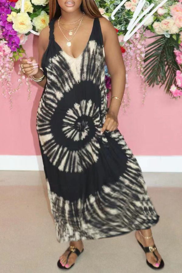 Black Sexy Print Patchwork V Neck Straight Dresses