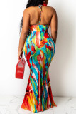Multicolor Fashion Sexy Print Bandage Hollowed Out Backless Halter Long Dress