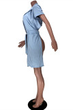 Light Blue Fashion Casual Solid Backless Turndown Collar Tops