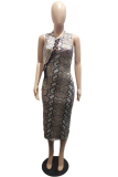 Grey Sexy Print Hollowed Out O Neck Pencil Skirt Dresses