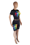 Black Casual Print Patchwork O Neck Short Sleeve Two Pieces