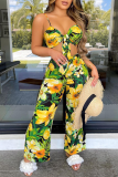 Green Sexy Print Patchwork Spaghetti Strap Sleeveless Two Pieces
