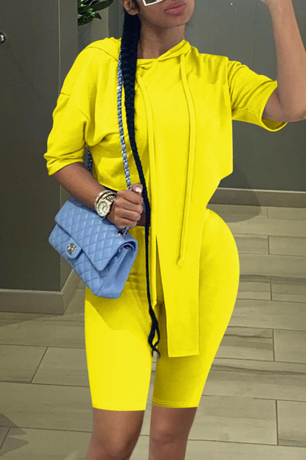 Yellow Fashion Casual Solid Asymmetrical Spaghetti Strap Short Sleeve Two Pieces