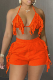 Tangerine Red Sexy Solid Patchwork Halter Sleeveless Two Pieces