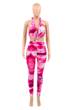 Yellow Sexy Print Patchwork Halter Skinny Jumpsuits