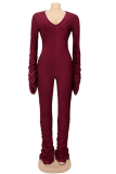 Blue Sexy Solid Fold V Neck Skinny Jumpsuits