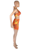 Red Fashion Sexy Print Backless Halter Sleeveless Two Pieces