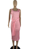 Pink Casual Striped Print Bandage Patchwork U Neck Vest Dress Dresses
