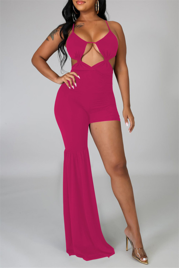 Rose Red Fashion Sexy Solid Hollowed Out Backless Spaghetti Strap Irregular Regular Jumpsuits
