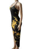 Cyan Sexy Print Patchwork High Opening Halter Pencil Skirt Dresses