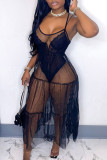 Black Sexy Solid Patchwork Mesh Spaghetti Strap A Line Dresses