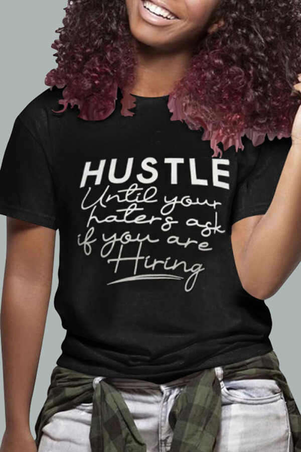 Black Fashion Casual Letter Print Basic O Neck T-Shirts