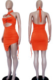 Orange Sexy Solid Hollowed Out Split Joint Frenulum Asymmetrical Halter Pencil Skirt Dresses