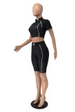 Black Casual Solid Basic Zipper Collar Short Sleeve Two Pieces