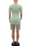Light Green Casual Solid Tassel Patchwork O Neck Pencil Skirt Dresses