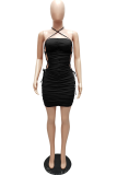Black Sexy Casual Solid Patchwork Halter Pencil Skirt Dresses